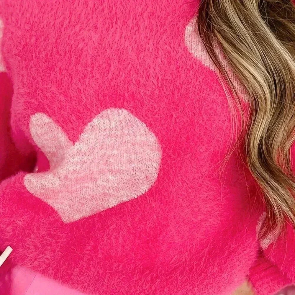 Rose Red Casual Women's Valentine's Day Heart Pattern Fuzzy Long Sleeve Sweater